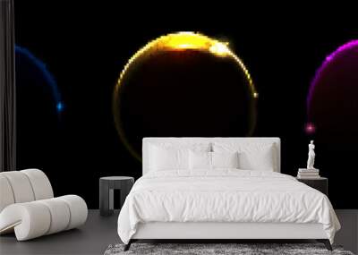 Realistic set of color solar eclipse effects isolated on black background. Vector illustration of neon blue, yellow, pink arch and circular lines glaring on night sky. Dark planet with blazing edge Wall mural