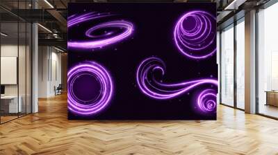 Realistic set of purple light motion effects isolated on transparent background. Vector illustration of magic neon swirl, wave, abstract curve sparkling with shiny particles. Luminous energy speed Wall mural