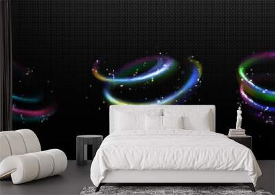 Realistic set of rainbow light motion effects isolated on transparent background. Vector illustration of magic colorful swirl, abstract spiral curve sparkling with shiny particles. Positive energy Wall mural