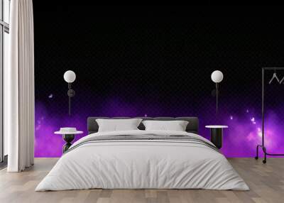 Realistic thunder light and purple smoke cloud bottom frame. Mysterious lightning glow border wide panoramic element. Fluffy magic spell mist glowing with bolt energy charge overlay color design Wall mural