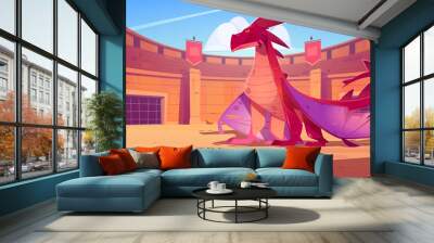 Red dragon on ancient arena for gladiators fight. Vector cartoon fantasy illustration of fighting amphitheater with stone columns, flags and scary magic beast with wings Wall mural