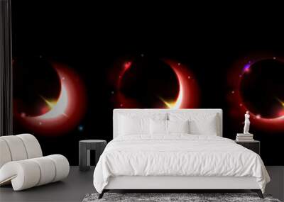 Red space solar eclipse light glow in galaxy vector. Neon universe planet flare and ray abstract outer world ring. Cosmic sunrise shine with blue sparkle. Isolated halo edge on black background Wall mural