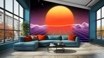 Retro neon sunset synthwave background from 80s. Cyber grid with abstract futuristic vaporwave, sun and mountain landscape. Disco surreal vapor graphic design illustration for music party rave. Wall mural