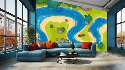 River top view, cartoon curve riverbed with blue water, coastline with rocks, trees and green grass. Summer nature landscape, beautiful valley, scenic picturesque natural stream, vector illustration Wall mural