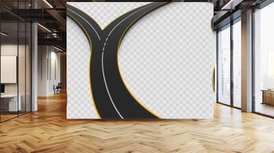 Road, winding and fork highway isolated on transparent background. Journey two lane curve asphalt pathway going into the distance. Route direction and navigation signs for map, Realistic 3d vector set Wall mural