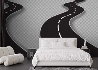 Road, winding highway isolated on transparent background. Journey two lane curve asphalt pathway going into the distance. Route direction and navigation signs for map, Realistic 3d vector icons set Wall mural