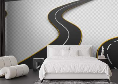 Road, winding highway isolated on transparent background. Journey two lane curve asphalt pathway going into the distance. Route direction and navigation signs for map, Realistic 3d vector icons set Wall mural