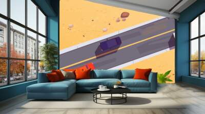 Road with cars top view, straight two lane highway along sandy land with rocks and palm trees. Cartoon overhead panoramic background with vehicles riding at asphalt pathway, Vector illustration Wall mural