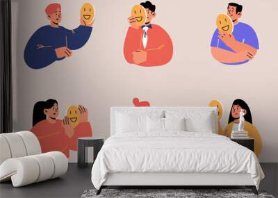 Sad people hold fake face masks with smiles. Vector flat illustration of unhappy men and women with positive masks use disguise for hide real emotions isolated on background Wall mural