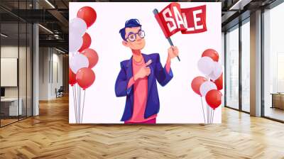 Sale poster with balloons and man hold banner. Concept of discount, special offer in shop, promotion flyer. Vector cartoon illustration of man pointing on text on red flag Wall mural