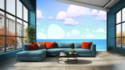 Sea landscape with calm water surface and clouds in blue sky. Vector cartoon illustration of ocean bay, harbor or lake. Summer scenery with tropical seascape and marine horizon Wall mural