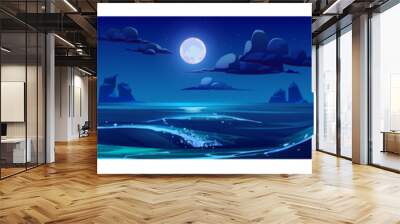 Sea landscape with moon, stars and clouds in dark sky at night. Vector cartoon backgrounds of seascape with tropical island with palm trees, sand beach, ocean waves and coastline on horizon Wall mural