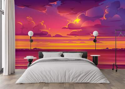 Sea sunset. Tropical landscape with ocean, sky and clouds in red light of evening sun. Vector cartoon summer seascape with orange reflection in water and coastline silhouette on horizon Wall mural