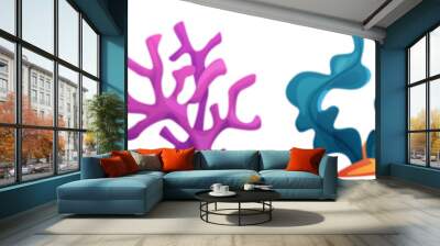 Seaweed and coral cartoon vector illustration set. Sea, ocean or aquarium bright tropical underwater plants and creatures on sand. collection of marine bottom flora and fauna exotic elements. Wall mural