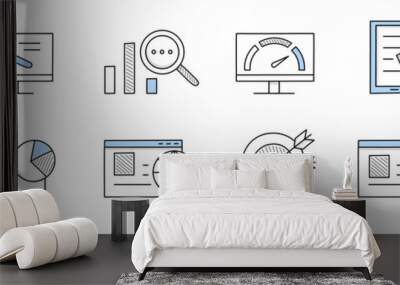 SEO, search engine optimization icons. Symbols of Internet marketing, digital content analysis and management. Vector hand drawn set of shopping cart, megaphone, computer screen with graph and target Wall mural