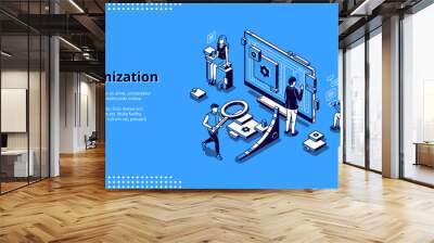 SEO optimization isometric landing page. Technology for internet marketing and digital business content. Tiny office people around of huge computer desktop, workflow 3d vector line art web banner Wall mural