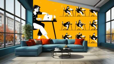 Set of 18 freelancers isolated on yellow background. Vector illustration of male, female flat characters working on laptop from home, tired, overloaded, happy with success, unhappy about failure Wall mural