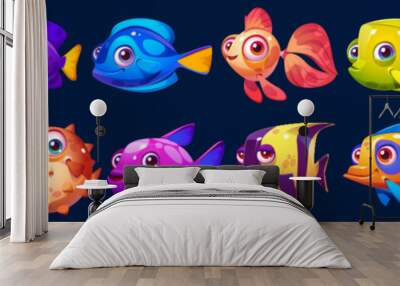 Set of cute vector cartoon fish for aquarium game. Isolated happy underwater characters. Smiling fun tropical sea animal clipart with face and mouth. Collection of exotic clownfish cheerful creatures. Wall mural