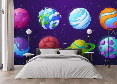 Set of fantastic planets asteroids, cosmic objects Wall mural