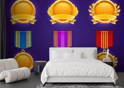 Set of game level ui icons, empty golden medals with banners, wings, star and laurel wreaths, isolated award frames or bonus graphic elements, reward, trophy achievement and prize for rpg or casino Wall mural