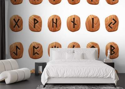 set of game runes, nordic ancient alphabet, viking celtic futark symbols engraved on wooden pieces.  Wall mural