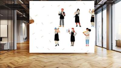 Set of restaurant staff, cafe employees team chef, waiter, manager and barista diverse characters wear uniform with trays and meals isolated on white background Cartoon linear flat vector illustration Wall mural