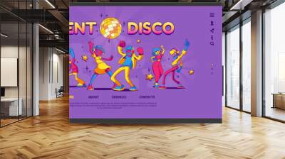 Silent disco landing page, app ui ux mobile app onboard screen template. Contemporary characters party dancing and rejoice in night club. Happy people at dance event Line art cartoon vector web banner Wall mural