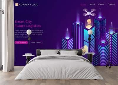 Smart city future logistic isometric landing page. Drone delivery cargo on conveyor belt at modern neon buildings. Goods transportation service, export, import trade 3d vector illustration, web banner Wall mural