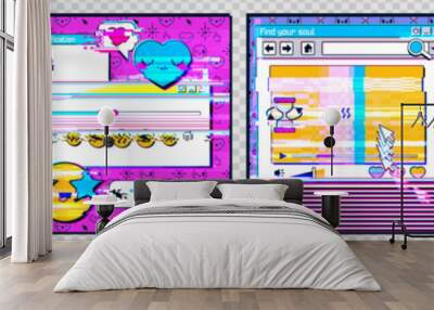 Social media posts with retro computer interface with glitch effect. Abstract posters templates with desktop PC screen design in retrowave style in neon colors, vector illustration Wall mural