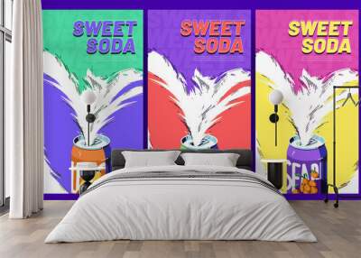 Soda ads posters with sweet drink splashing out of tin cans. Cold fresh juice or fruit water advertisement campaign, beverage promotional background in line art cartoon style, Vector illustration Wall mural