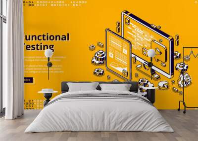 Software testing isometric landing page. Functional test, mobile application and website platform development, dashboard usability optimization for computer and tablet pc 3d vector line art web banner Wall mural