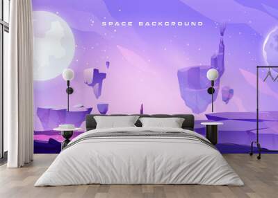 Space background with landscape of alien planet with craters and lighted crack. Vector cartoon fantasy illustration of purple galaxy sky with moon and ground surface with rocks Wall mural