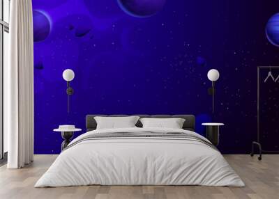 Space background with planets and asteroids. Vector cartoon illustration of dark blue sky background for game ui design, alien cosmic objects, neon stars and nebula, comet stones flying in galaxy Wall mural