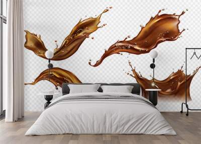 Splash of coffee, cola or tea isolated on transparent background. Vector realistic set of liquid waves of falling and flowing brown drink with drops and bubbles Wall mural