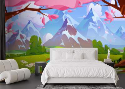 Spring mountain river landscape with old sakura trees. Vector cartoon illustration of beautiful scenery with blue water, pink cherry blossom petals, green grass on hills, glacier on peaks, cloudy sky Wall mural