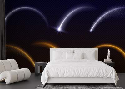 Star shooting arc light with magic beam sparkle. Neon curve arch line with glitter shine. Glowing celebration overlay element. Transparent swirl set with dust splatter tail in gold and blue. Wall mural