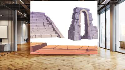 Stone ruins of broken ancient stone buildings. Arch brick rock entrance and stairs. Cartoon vector illustration set pieces of abandoned architecture and old temple construction. Wall mural