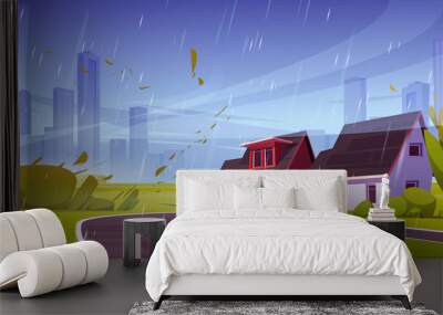 Storm with wind and rain in suburb district with houses. Vector cartoon illustration of summer landscape of suburban street with cottages, bushes, puddles and flying leaves in rainy weather Wall mural