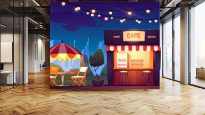 Street cafe at night cityscape background with layers for 2d game animation. Outdoor cafeteria stall with tables and chairs under umbrella and garlands at skyscrapers view, Cartoon vector illustration Wall mural