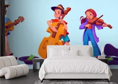 Street musician band with singer vector illustration. Music player people character with guitar, saxophone, violin and microphone cartoon isolated set. Guitarist artist play for party and hobby Wall mural