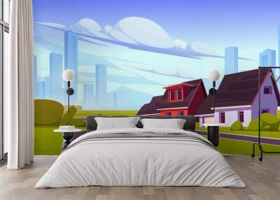 suburb district with houses, road and city buildings on skyline in summer. vector cartoon illustrati Wall mural