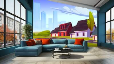 suburb district with houses, road and city buildings on skyline in summer. vector cartoon illustrati Wall mural