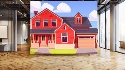 Suburban house, residential building from red brick with garage. Vector cartoon illustration of village mansion facade. Summer countryside landscape with cottage Wall mural