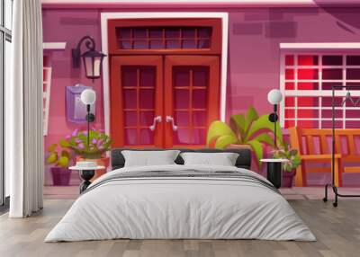 Suburban house exterior facade with wooden door and porch, brick wall and window with red curtains, decorative flowers in pot and bench, lantern and mailbox. Cartoon vector of home with veranda. Wall mural