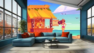 Summer beach with tiki bar and girl in bikini. Sea landscape with wooden cafe, bartender and beautiful woman in sunglasses. Vector cartoon illustration of tropical ocean shore with palm trees Wall mural