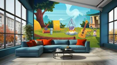 Summer camp with bonfire, tent, van, backpack, chair and guitar. Vector cartoon landscape with mountain, forest and campsite. Equipment for travel, hiking and activity vacation Wall mural