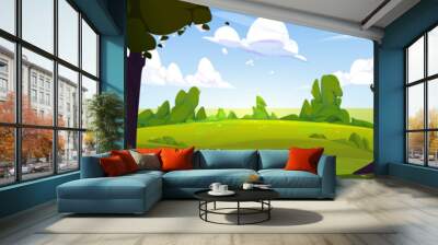 Summer forest landscape with green trees, bushes, grass. Nature park scenery, countryside panorama with trees and meadows on sunny day, blue sky with white clouds vector cartoon illustration Wall mural