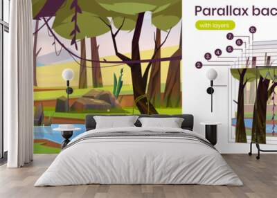 Summer landscape with forest, river and mountains on background. Vector parallax background for 2d animation with cartoon illustration of woods with trees, lianas, green grass, stones and brook Wall mural