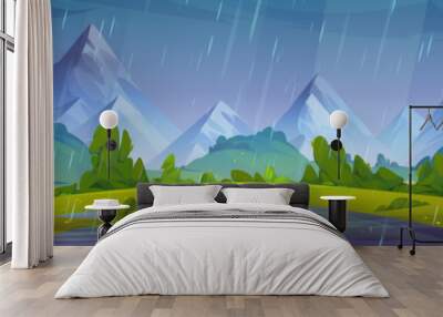 Summer rainy natural landscape with puddle on green grass of meadow in foot of high mountains. Cartoon vector panoramic country scenery with grassland near hills under rain falling from cloudy sky. Wall mural