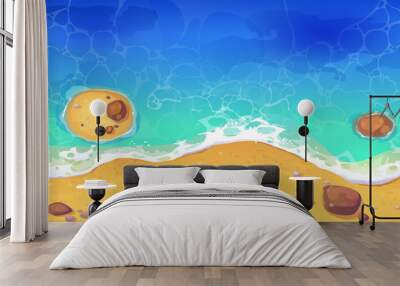 Summer sea beach top view. Sandy ocean shore with rocks. Vector cartoon illustration of coast with yellow sand, tropical seaside with blue water waves. Concept of paradise exotic vacation Wall mural